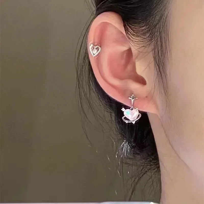 2/6Pcs Set Heart Stud Earrings Women'S Personality Korean Fashion Y2K Pink Crystal Temperament Star Earrings Piercing for Ears