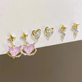 2/6Pcs Set Heart Stud Earrings Women'S Personality Korean Fashion Y2K Pink Crystal Temperament Star Earrings Piercing for Ears