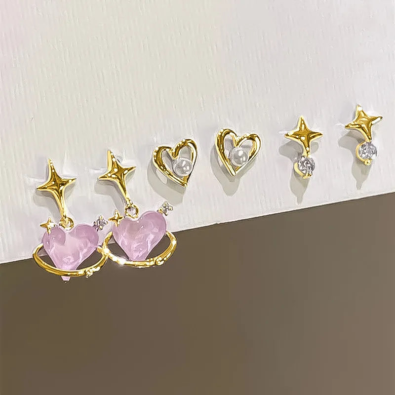 2/6Pcs Set Heart Stud Earrings Women'S Personality Korean Fashion Y2K Pink Crystal Temperament Star Earrings Piercing for Ears