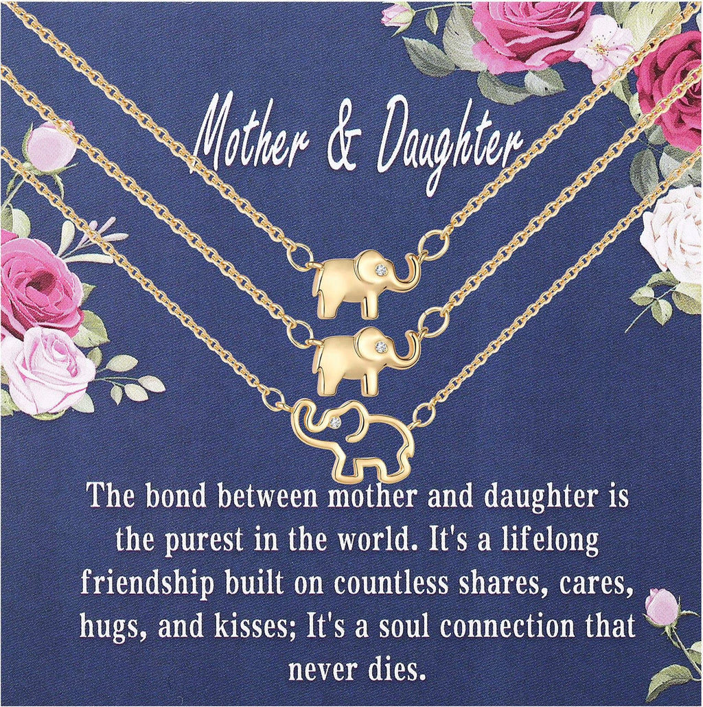 18K Gold Plated Elephant Mother Daughter Necklace Matching Jewelry Set for Women Mom Mommy Grandma Granddaughter Pendant Chain Accessories Stuff Age Birthday Valentines Day Jewelry Gifts