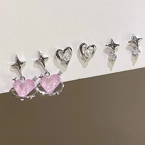 2/6Pcs Set Heart Stud Earrings Women'S Personality Korean Fashion Y2K Pink Crystal Temperament Star Earrings Piercing for Ears