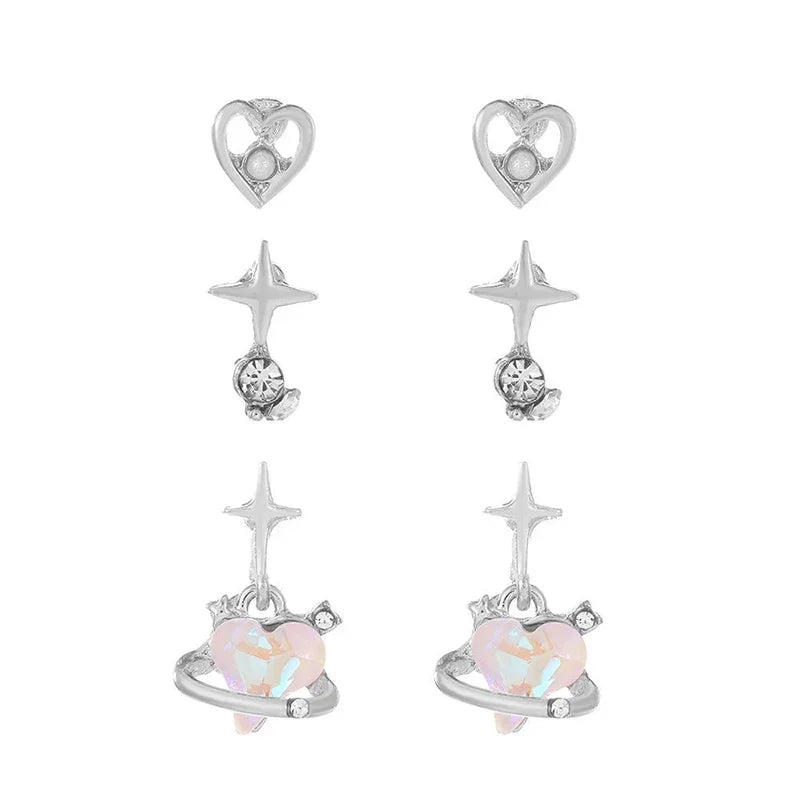 2/6Pcs Set Heart Stud Earrings Women'S Personality Korean Fashion Y2K Pink Crystal Temperament Star Earrings Piercing for Ears